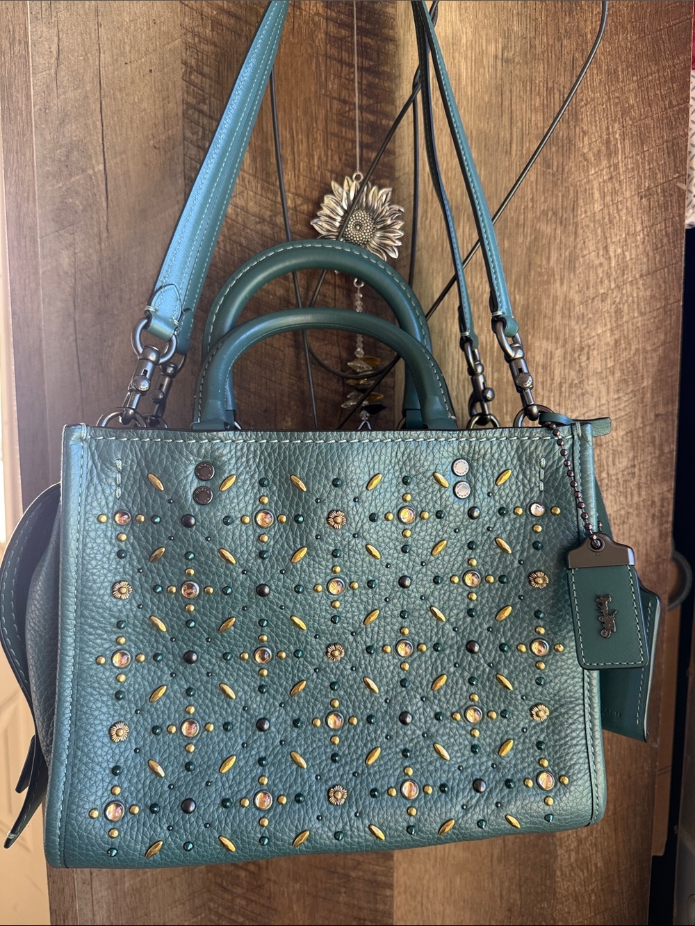 Coach Teal Pebbled Leather Satchel with Gold Stud Accents